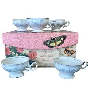 Mikasa Chalfonte 9345 Tea Cups Blue White Floral Pattern Vintage Fine China